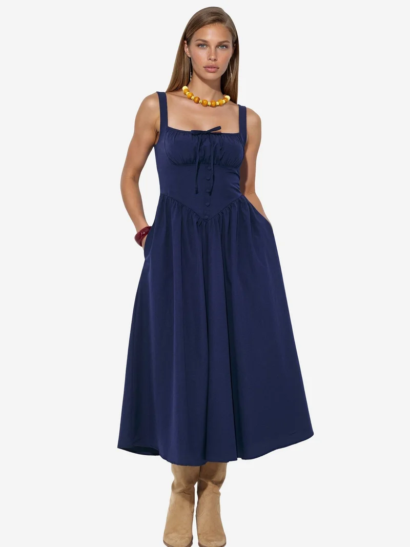 بوسيم BUSEM Midi Dress with Square Collar and Button Detail