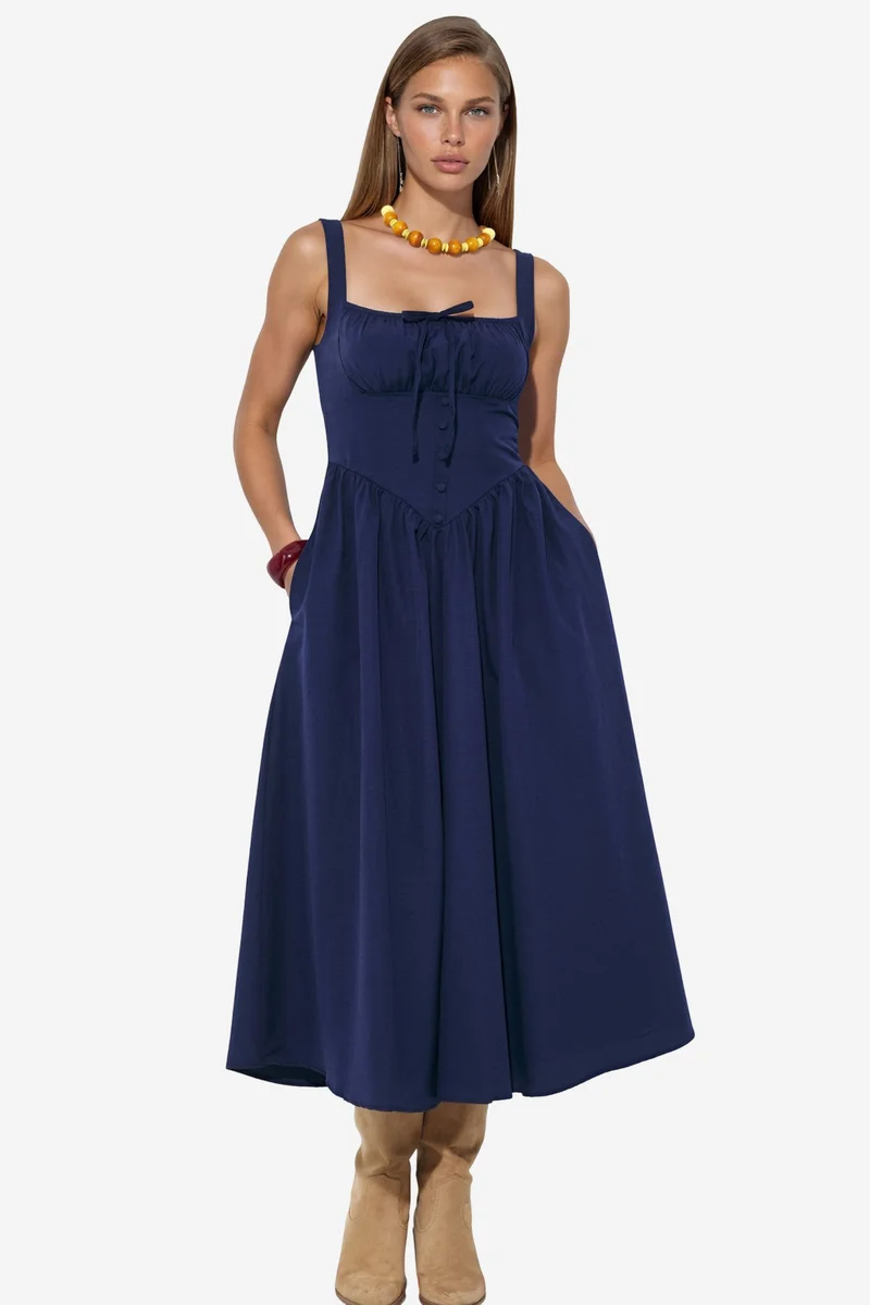 Busem BUSEM Midi Dress with Square Collar and Button Detail
