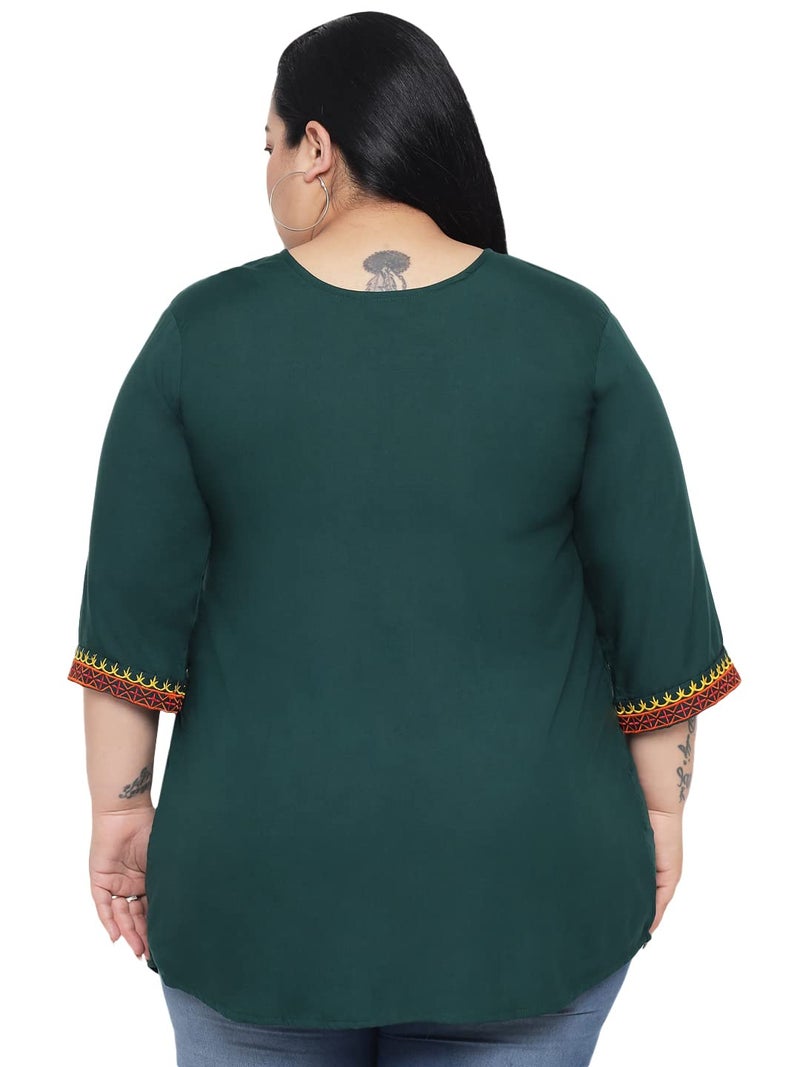 Indietoga Women's Plus Size Rayon Casual Top (P20001304_Green Embroidered_2XL) - Image 4