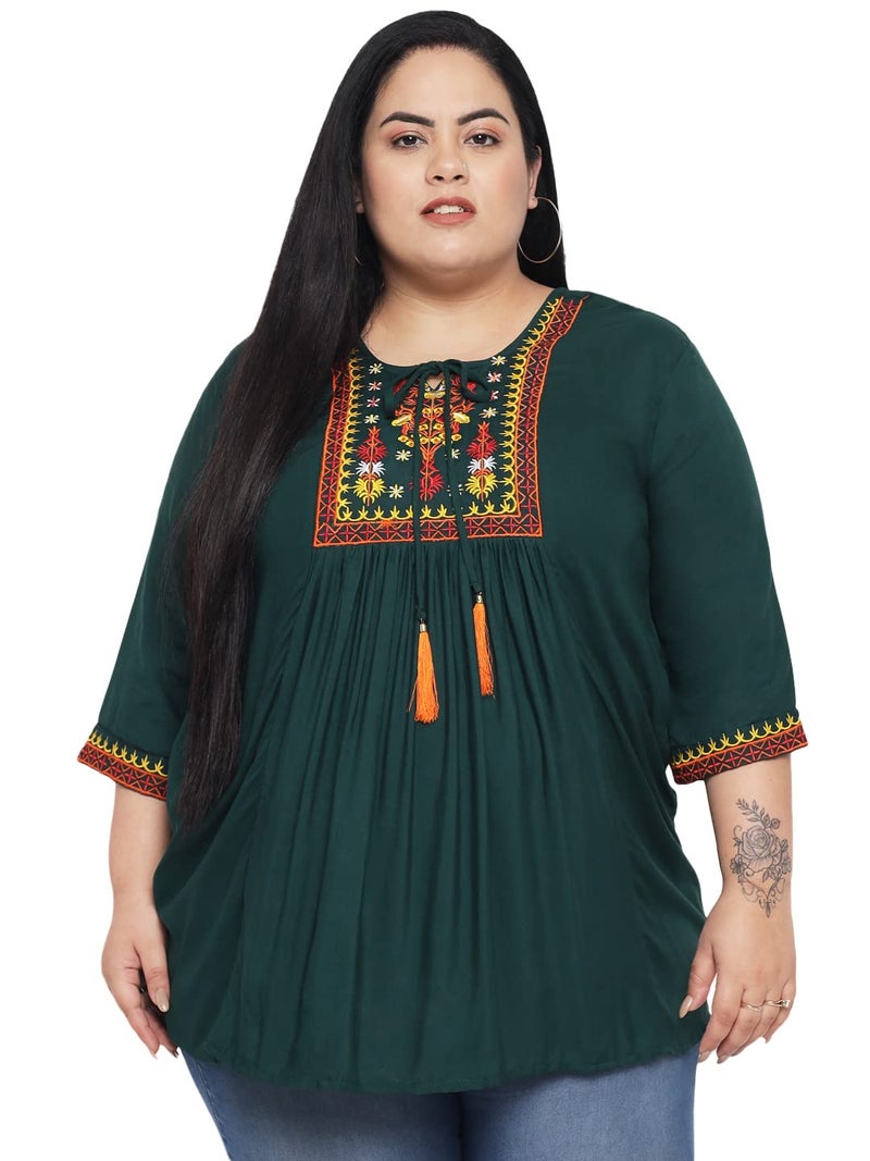 Indietoga Women's Plus Size Rayon Casual Top (P20001304_Green Embroidered_2XL) - Image 1