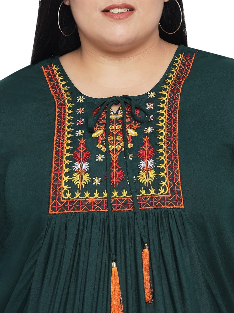 Indietoga Women's Plus Size Rayon Casual Top (P20001304_Green Embroidered_2XL) - Image 3