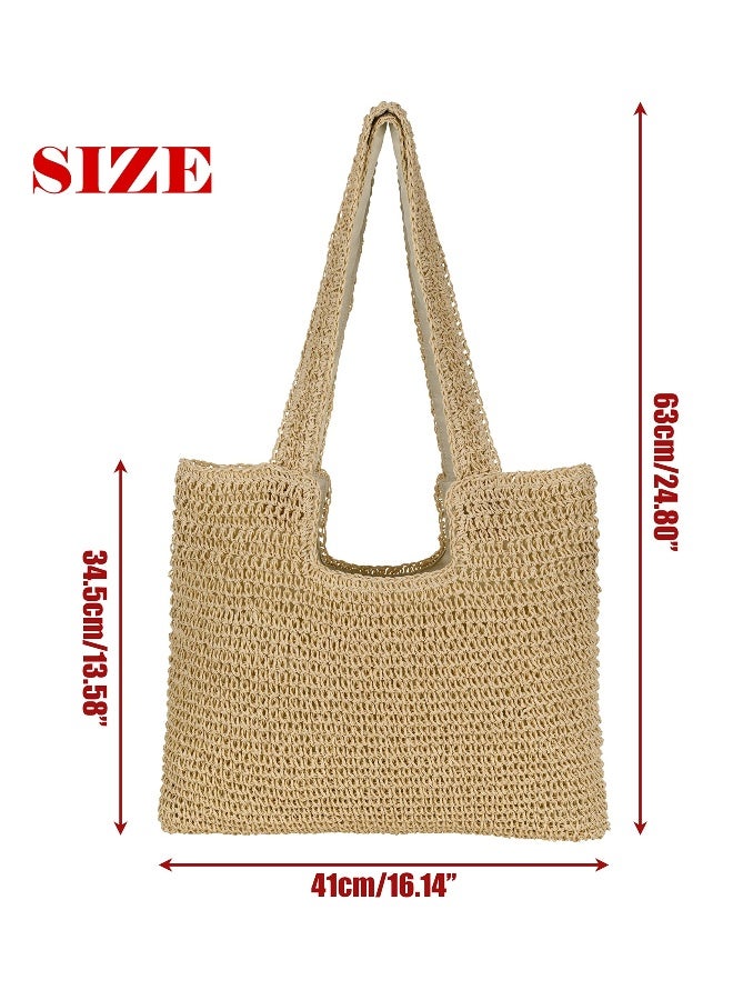 Handmade Straw Beach Tote Bag,Large Capacity Women Woven Tote Bag ,Stylish ,Super light Hobo Bag Shoulder Bag for Beach Picnic Summer Vacation, Beige, Beig  - Image 3
