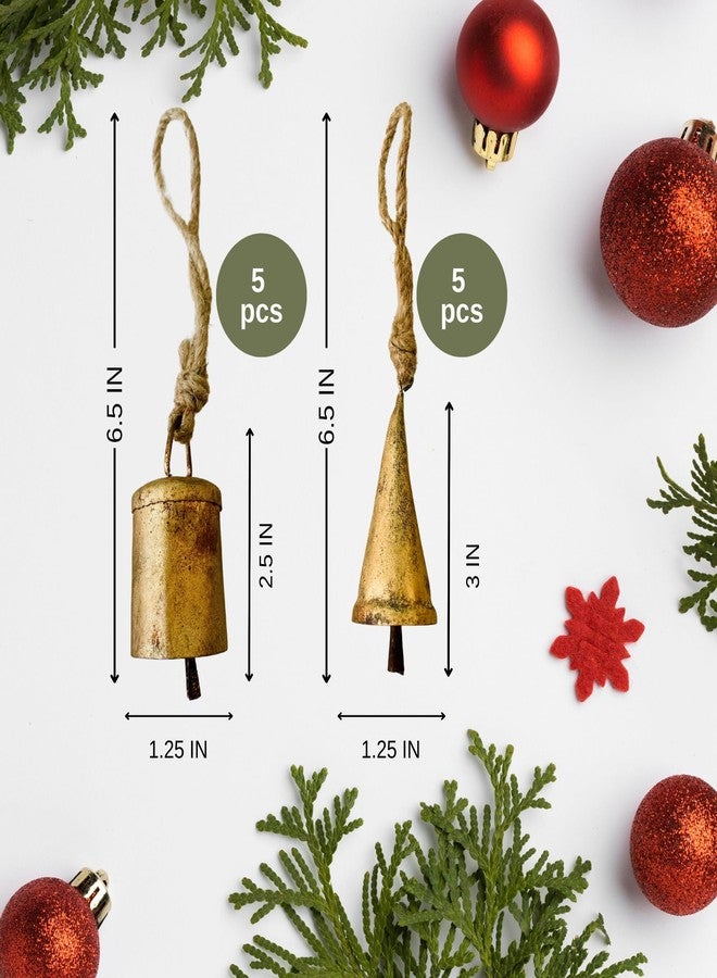 Mie Creations Set of 10 Rustic Vintage Christmas Bells, Tin Bells on Jute Rope, Decorative 2.5in Jingle Bells for Crafts, Christmas Tree Ornaments, Handmade Metal Hanging mini Cowbells- Antique Gold - Image 5