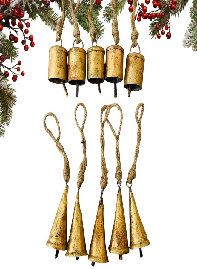 Mie Creations Set of 10 Rustic Vintage Christmas Bells, Tin Bells on Jute Rope, Decorative 2.5in Jingle Bells for Crafts, Christmas Tree Ornaments, Handmade Metal Hanging mini Cowbells- Antique Gold - Image 2