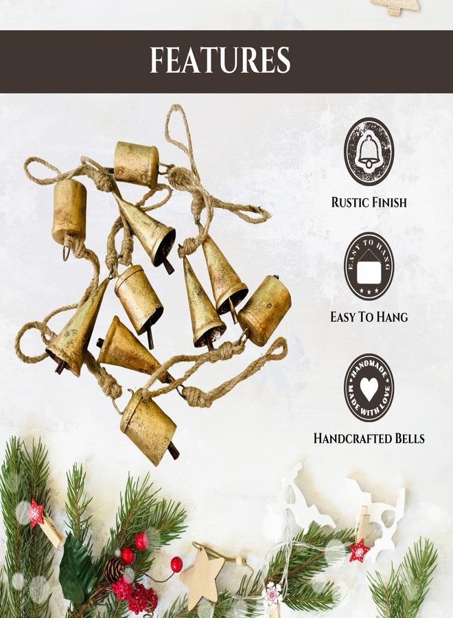 Mie Creations Set of 10 Rustic Vintage Christmas Bells, Tin Bells on Jute Rope, Decorative 2.5in Jingle Bells for Crafts, Christmas Tree Ornaments, Handmade Metal Hanging mini Cowbells- Antique Gold - Image 4