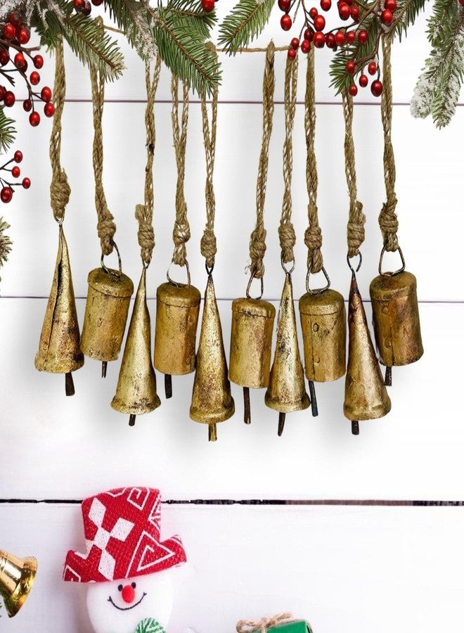Mie Creations Set of 10 Rustic Vintage Christmas Bells, Tin Bells on Jute Rope, Decorative 2.5in Jingle Bells for Crafts, Christmas Tree Ornaments, Handmade Metal Hanging mini Cowbells- Antique Gold - Image 1