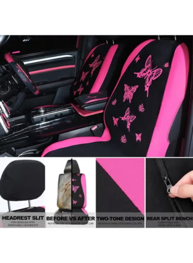 COYO 41Pcs Butterfly Car Seat Full Set Butterfly Car Accessories for Women 5 Front Rear Seat Covers Wrist Strap 2 Pcs Cup Mat Armrest Pad 2 Belt Cover Accessories for SUV (Pink) - Image 3