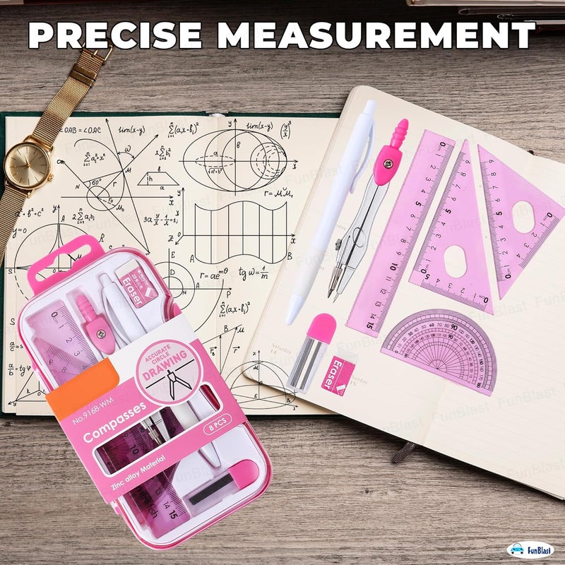 FunBlast Metal Compass Set 8 Pcs - Geometry Box with Protractor, Set Squares, Ruler, Compasses, Ruler Set, Instrument Box, Math Geometry Kit for Student & Professional (Pink) - Image 4
