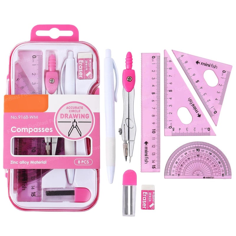 FunBlast Metal Compass Set 8 Pcs - Geometry Box with Protractor, Set Squares, Ruler, Compasses, Ruler Set, Instrument Box, Math Geometry Kit for Student & Professional (Pink) - Image 1