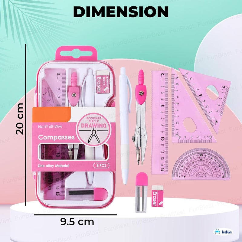 FunBlast Metal Compass Set 8 Pcs - Geometry Box with Protractor, Set Squares, Ruler, Compasses, Ruler Set, Instrument Box, Math Geometry Kit for Student & Professional (Pink) - Image 2
