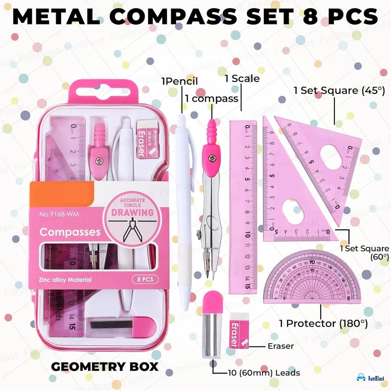 FunBlast Metal Compass Set 8 Pcs - Geometry Box with Protractor, Set Squares, Ruler, Compasses, Ruler Set, Instrument Box, Math Geometry Kit for Student & Professional (Pink) - Image 3
