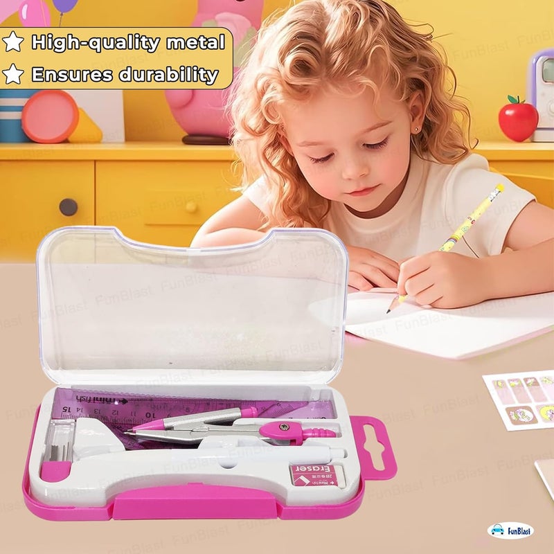 FunBlast Metal Compass Set 8 Pcs - Geometry Box with Protractor, Set Squares, Ruler, Compasses, Ruler Set, Instrument Box, Math Geometry Kit for Student & Professional (Pink) - Image 5