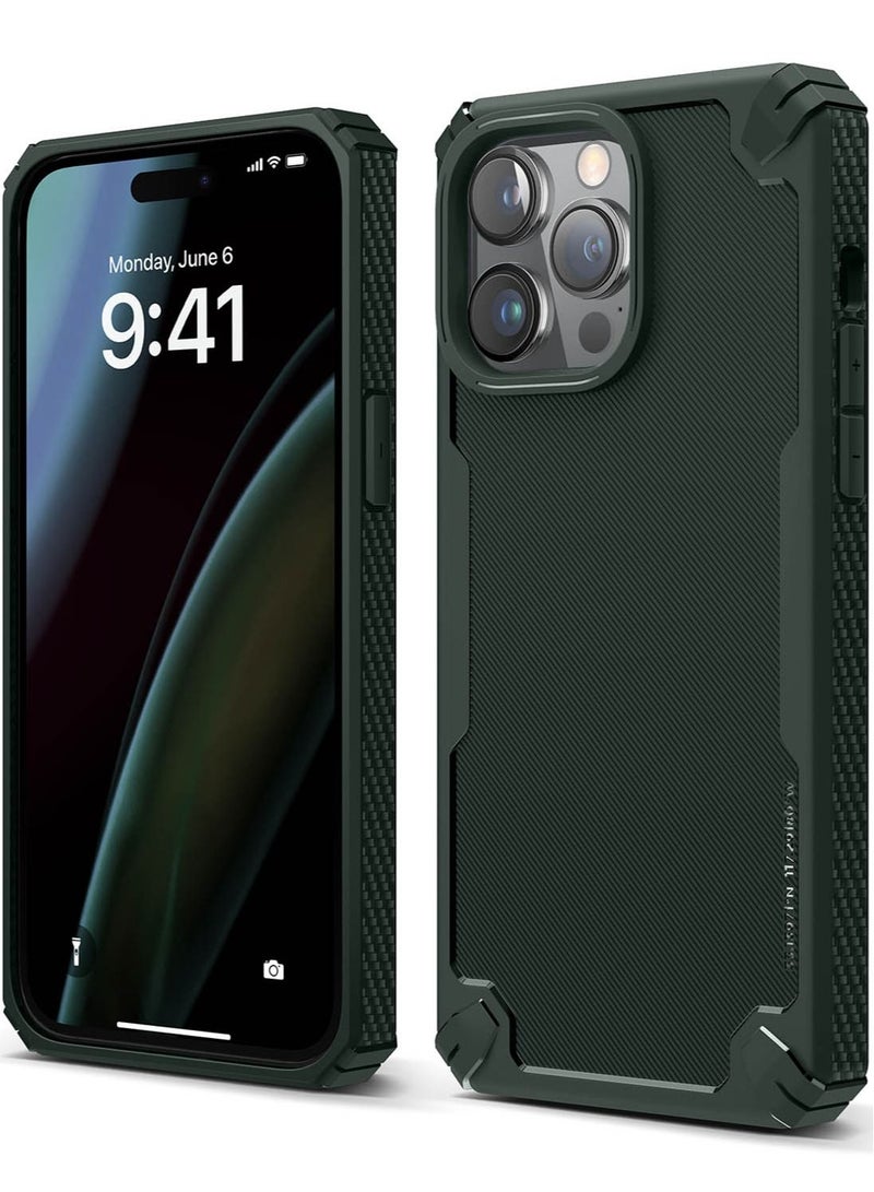 Elago جراب Armor لهاتف iPhone 14 Pro Max من الدرجة العسكرية بنمط ألياف الكربون - أخضر غامق - Image 1