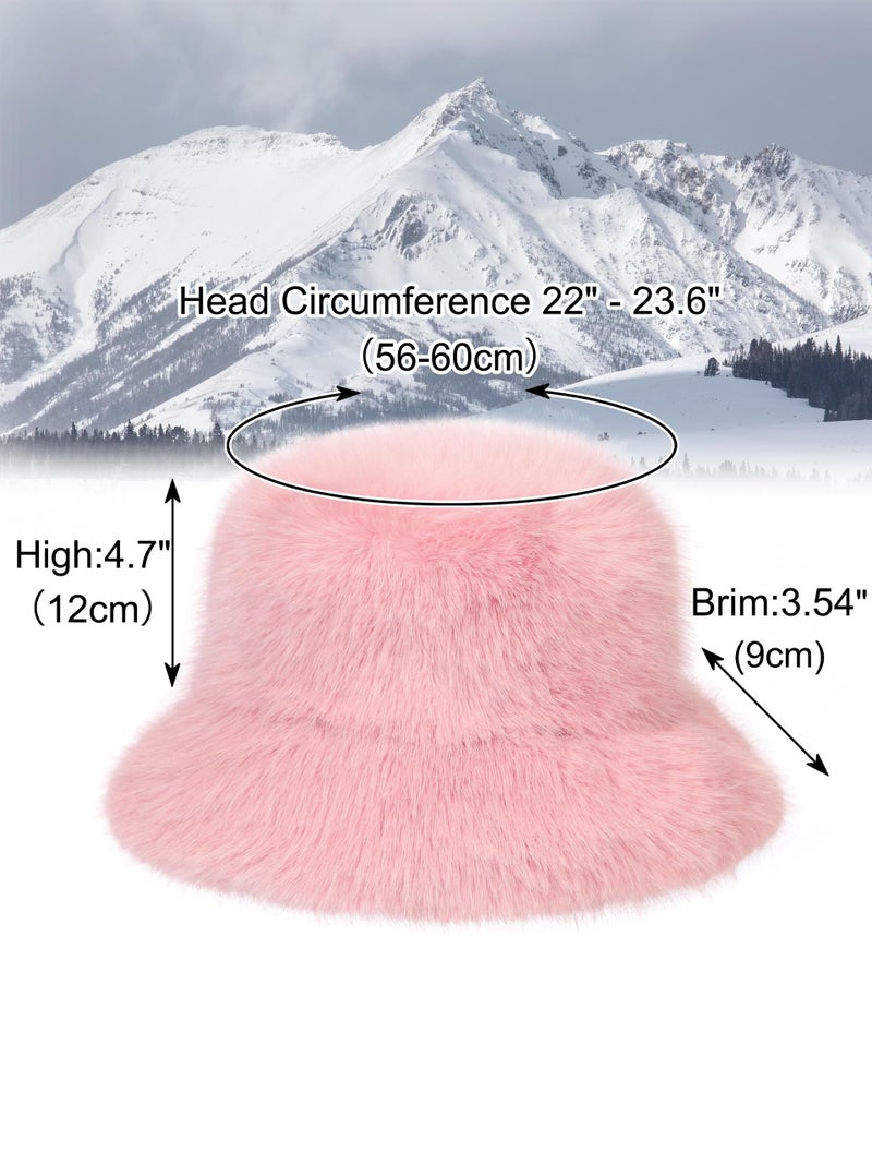 LA CARRIE Women's Fuzzy Wide Brim Faux Fur Bucket Hat Winter Warmer Fisherman Cap(Pink) - Image 3