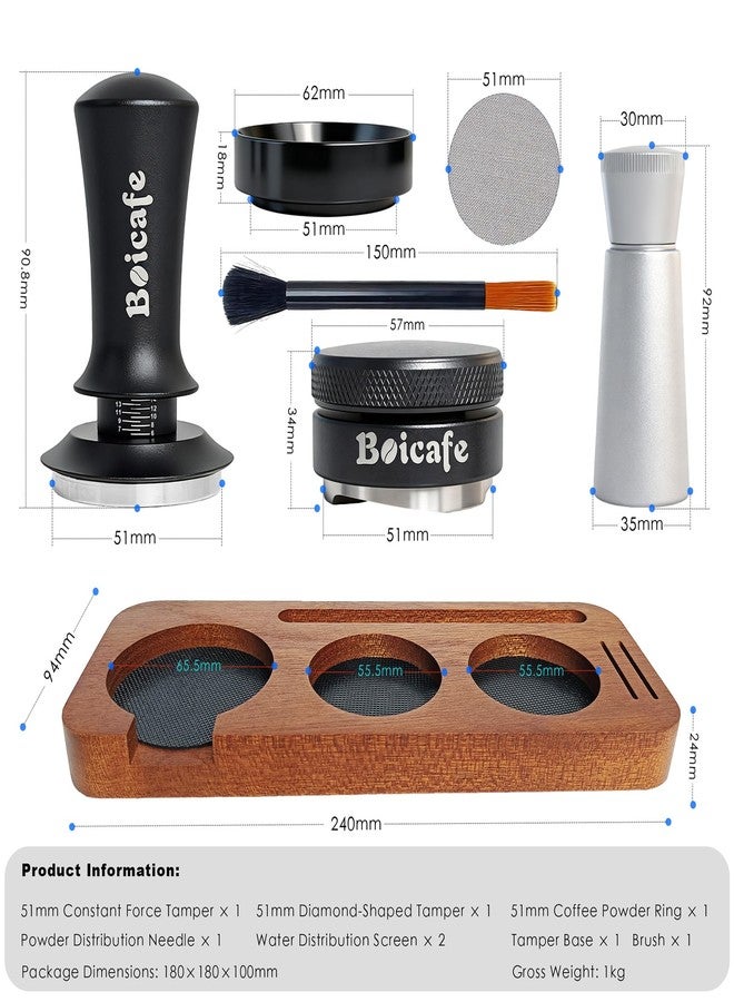 Boicafe 8 PCS Espresso Accessories Kit, 51mm Spring Loaded Espresso Tamper Kit with Wood Espresso Tamping Station, WDT, Stainless Steel Distributor, Dosing Funnel, 2 Puck Screen, Brush (51mm) - Image 3