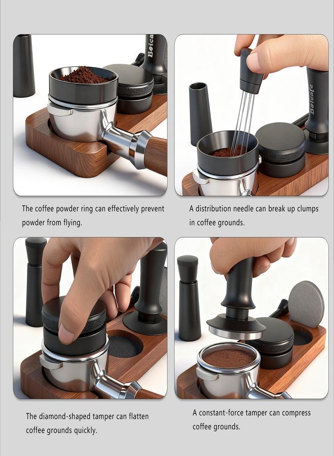 Boicafe 8 PCS Espresso Accessories Kit, 51mm Spring Loaded Espresso Tamper Kit with Wood Espresso Tamping Station, WDT, Stainless Steel Distributor, Dosing Funnel, 2 Puck Screen, Brush (51mm) - Image 4