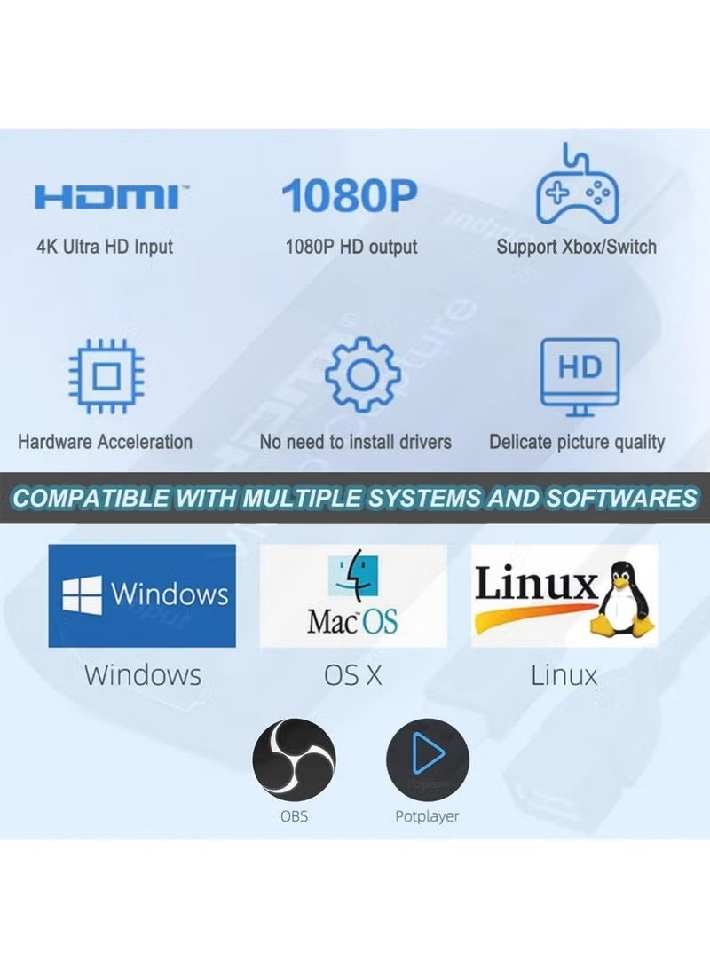 بطاقة التقاط فيديو HDMI بدقة 4K مع كابل تمديد USB بطول 1 متر، جهاز التقاط ألعاب HDMI إلى USB 2.0 للبث المباشر، والبث المباشر، ومؤتمرات الفيديو، والتعليم، والألعاب - Image 4