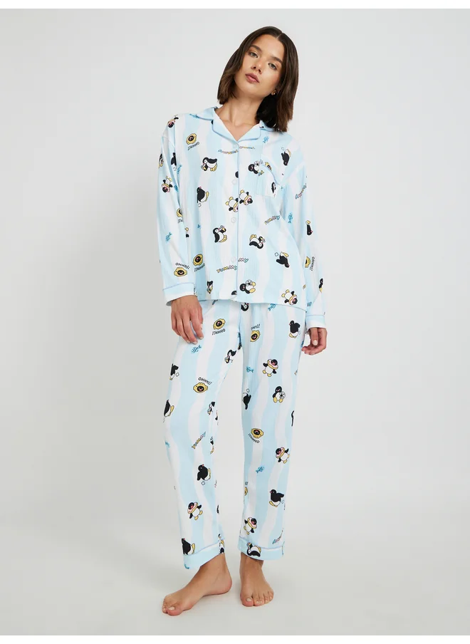 تايك تو Take Two Penguin Printed Long Sleeve Shirt and Pyjama Set