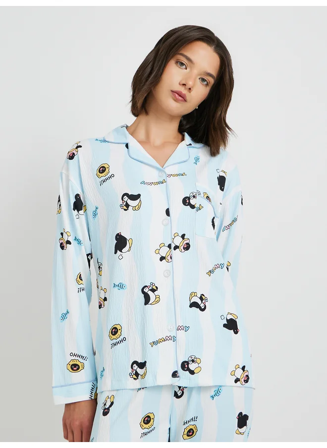 تايك تو Take Two Penguin Printed Long Sleeve Shirt and Pyjama Set