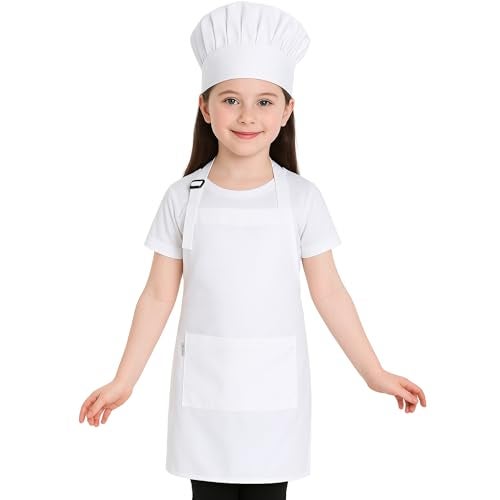 uniformer Kids Apron with Chef Cap for Cooking, Baking, Painting Art & Crafts | Adjustable Child Apron with 2 Pockets | Great for Kitchen, School (White_PO1) - Image 3