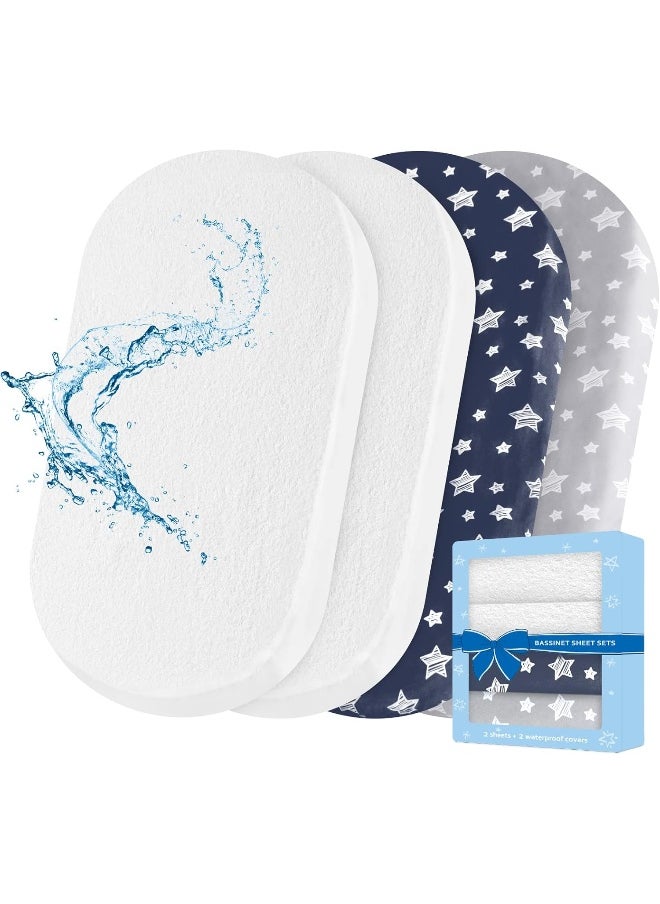 Moonsea Moonsea Bassinet Sheets & Waterproof Bamboo Bassinet Mattress Pad Protector 4 Pack Set, Universal Fit for Oval, Hourglass and Rectangular Mattress, Grey & Navy  - Image 1