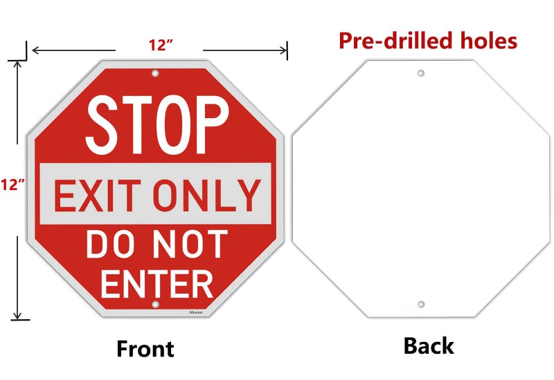 Afuven Stop Exit Only Do Not Enter Signs Metal Reflective 12" x 12" Do Not Enter Signs Stop Sign Octagon Shaped Rust Free Aluminum UV Protected Waterproof Easy Mounting Outdoor Use 2 Pack - Image 2