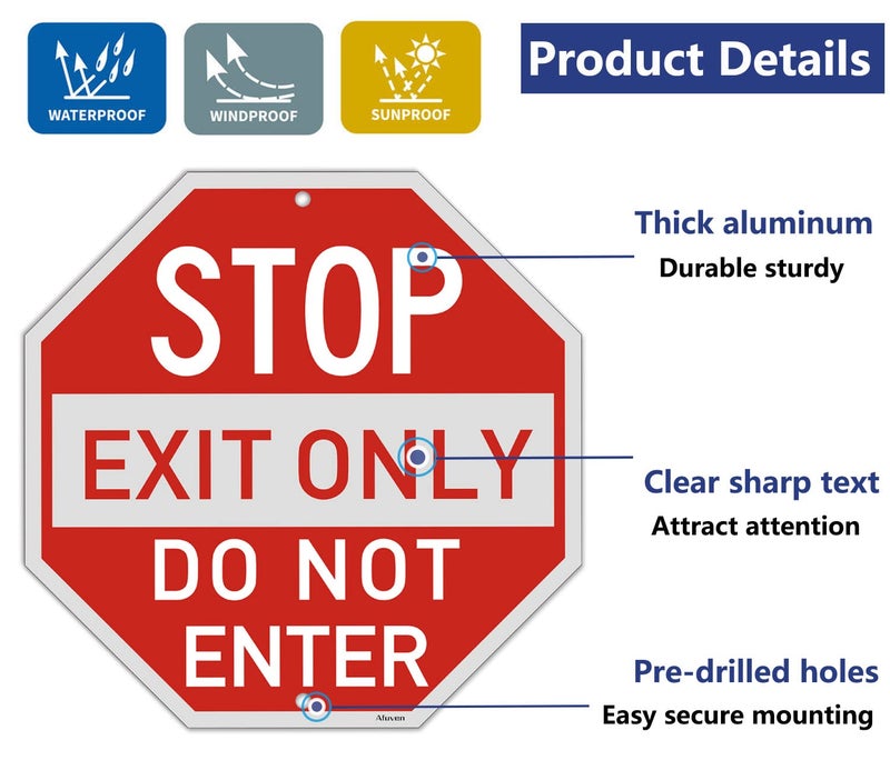 Afuven Stop Exit Only Do Not Enter Signs Metal Reflective 12" x 12" Do Not Enter Signs Stop Sign Octagon Shaped Rust Free Aluminum UV Protected Waterproof Easy Mounting Outdoor Use 2 Pack - Image 3