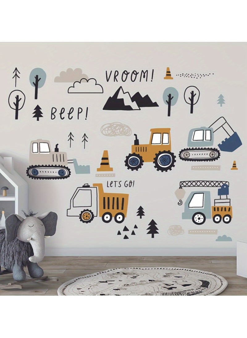 Cartoon PVC Wall Decal, Building Vehicles Truck Excavator Tractor Mural, Self-adhesive Decorative Wall Art Sticker For Bedroom, Classroom, Living Room, Nursery, Kindergarten, Game Room Background Wall Decor, Home Decoration, 30cm*90cm - Image 1