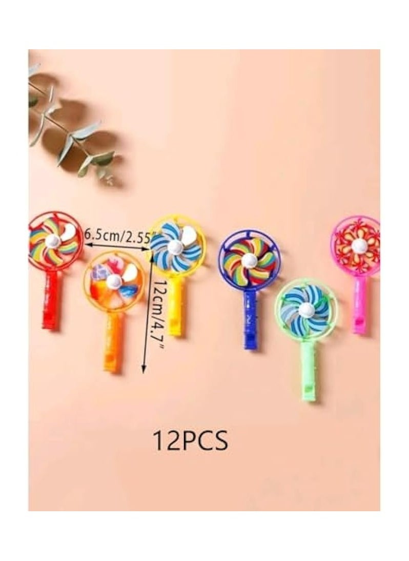 Oasisgalore - 12PCS Bright Windmill Whistles, Small Toddler Whistle Portable Windmill Pinwheel Shaped Whistle (Assorted Color) - Image 1