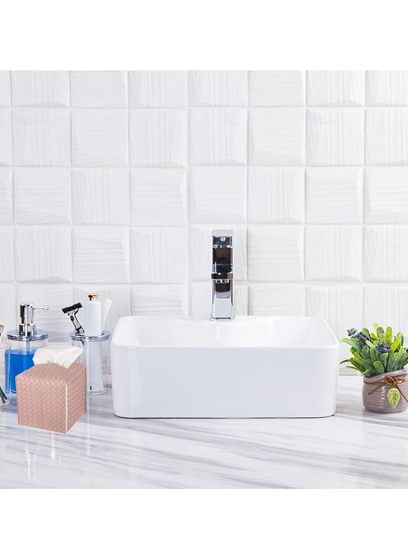 SOLARAE Tissue Box, PU Leather Woven Square Kleenex Storage Box, Tissue Organizer Rack For Bathroom Dresser Desktop Car Desk Bedroom Pink - Image 5