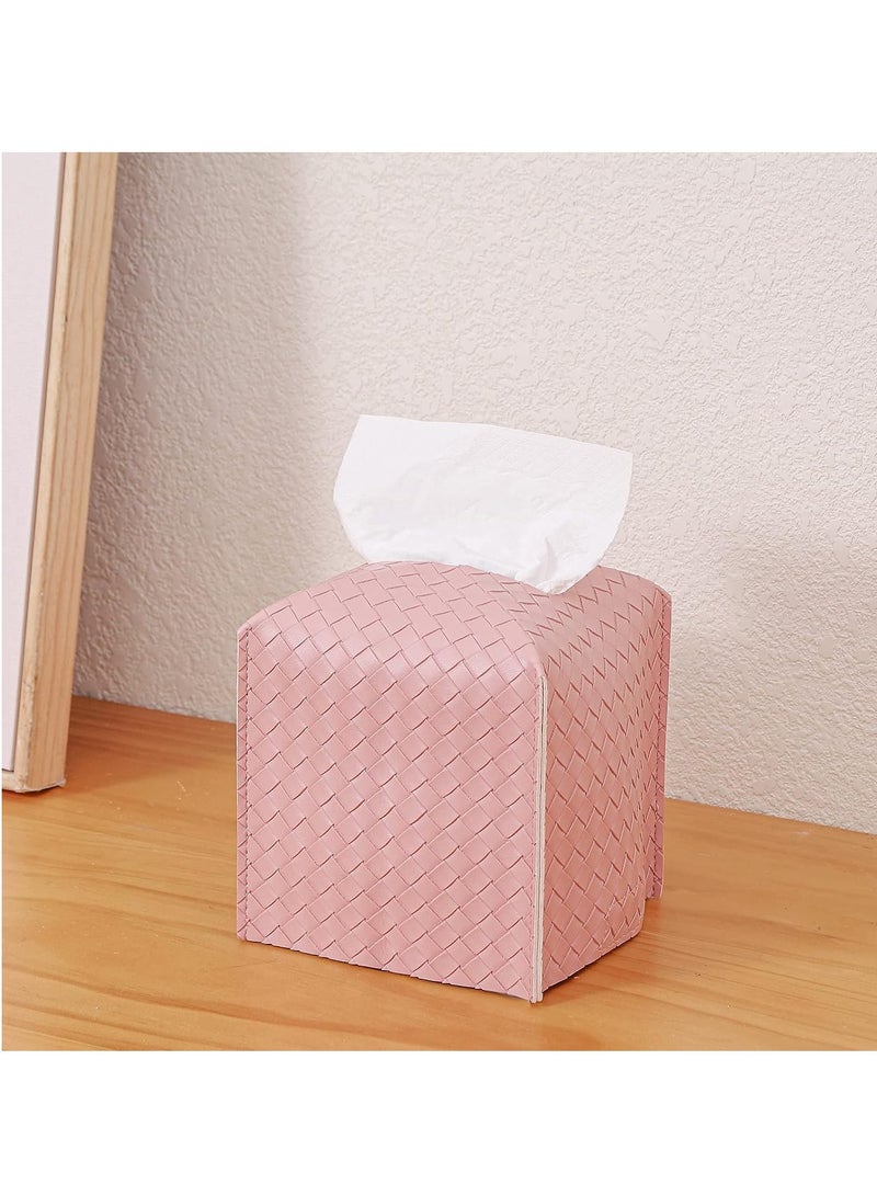 SOLARAE Tissue Box, PU Leather Woven Square Kleenex Storage Box, Tissue Organizer Rack For Bathroom Dresser Desktop Car Desk Bedroom Pink - Image 4