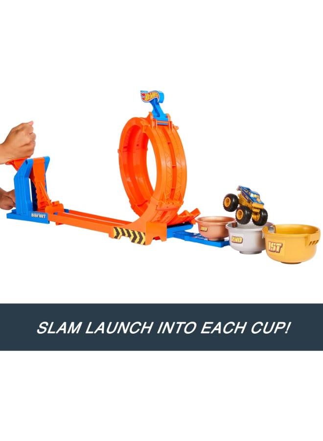 Hot Wheels Monster Trucks JBX64 Truck and Track Playset, Loop & Flip Trophy Challenge Playset and 50th Anniversary Die Cast Bigfoot 1/64 Scale Two Ways to Play - Image 1