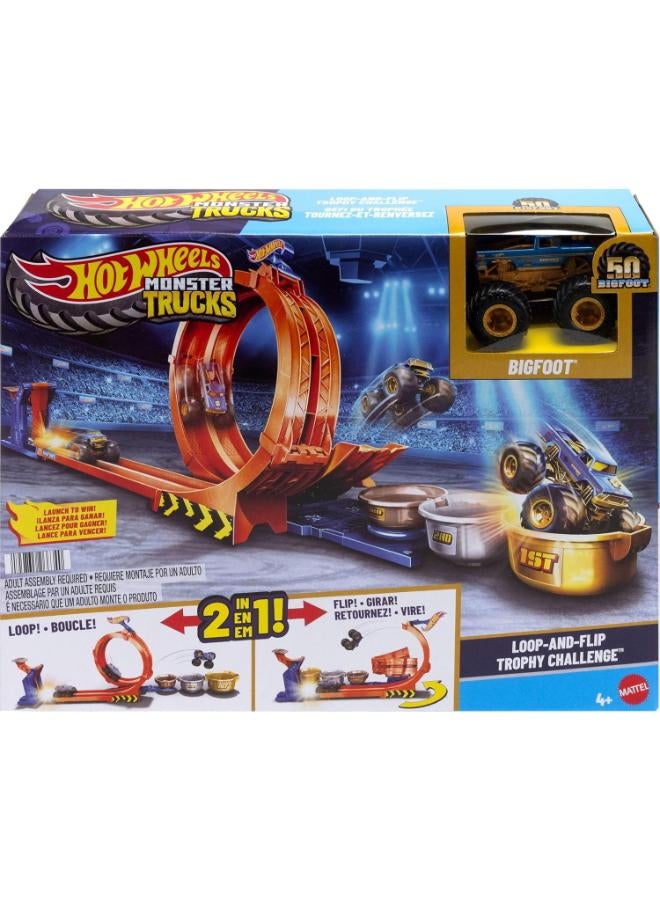 Hot Wheels Monster Trucks JBX64 Truck and Track Playset, Loop & Flip Trophy Challenge Playset and 50th Anniversary Die Cast Bigfoot 1/64 Scale Two Ways to Play - Image 3