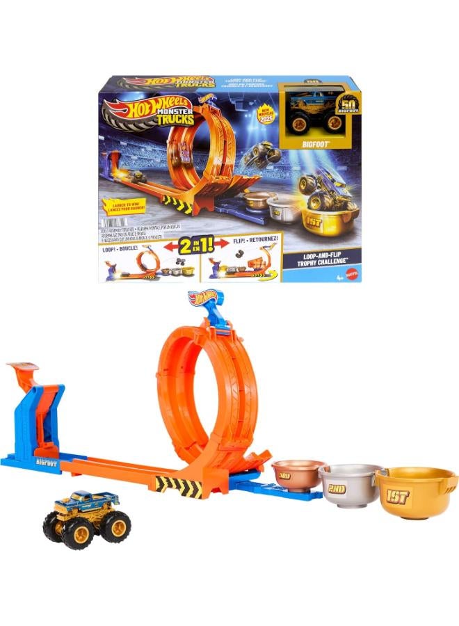 Hot Wheels Monster Trucks JBX64 Truck and Track Playset, Loop & Flip Trophy Challenge Playset and 50th Anniversary Die Cast Bigfoot 1/64 Scale Two Ways to Play - Image 4