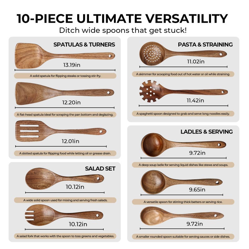 HAKSEN Wooden Spoons for Cooking, 10PCS Natural Acacia Wood Kitchen Utensils Set, Wooden Utensil Set for Nonstick Cookware, Smooth Finish, Sturdy & Durable - Image 2
