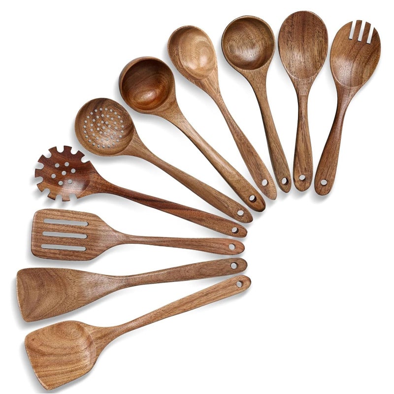 HAKSEN Wooden Spoons for Cooking, 10PCS Natural Acacia Wood Kitchen Utensils Set, Wooden Utensil Set for Nonstick Cookware, Smooth Finish, Sturdy & Durable - Image 1