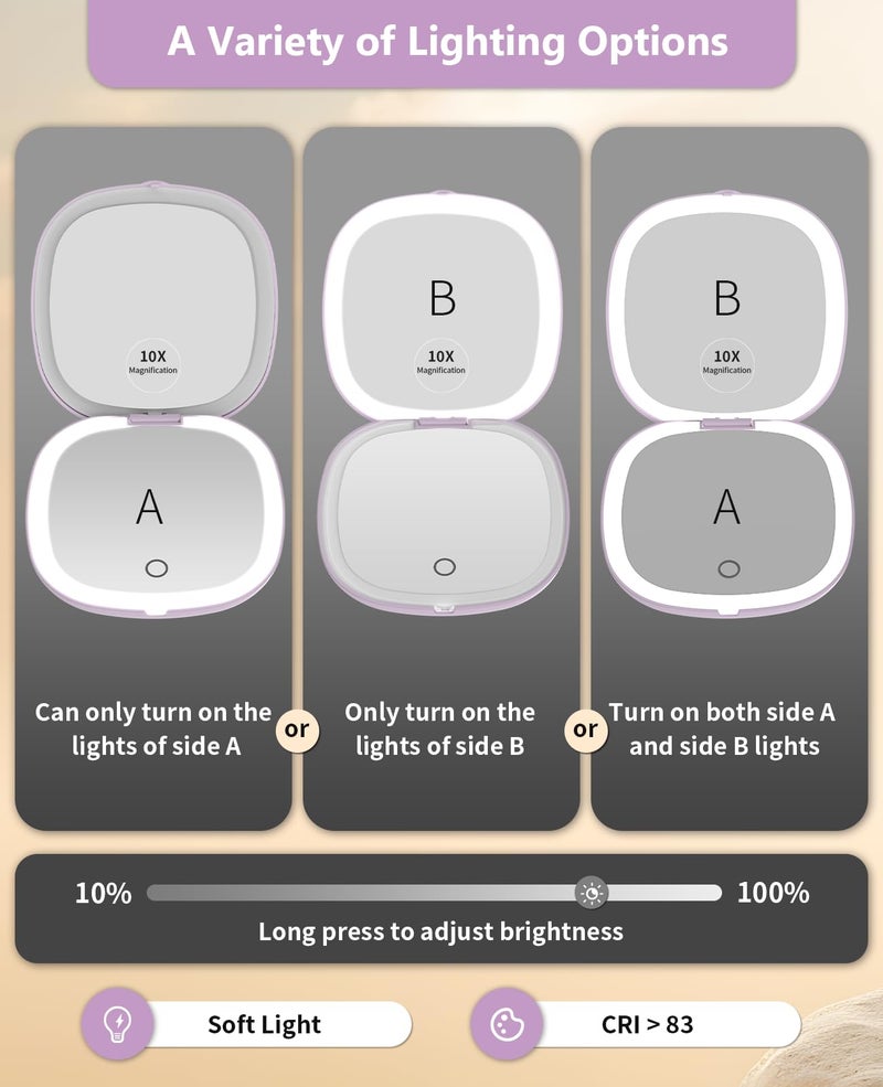 Wobsion Travel Mirror With Light  Rechargeable 1X/10X Compact Magnifying Mirror  Dimmable Pocket Mirror Handheld 2-Side Mirror With Light 4Inch Travel Size Portable For Handbag Purse Gift Purple - Image 4