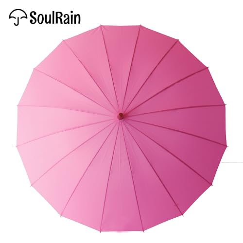 SoulRain 16 Ribs 48 Stick Umbrella Auto Open Solid Color Fashionable and SimpleArc Classic Wood HandleWindproof Unbreakable Stick Rain Umbrella Cool Pink - Image 3