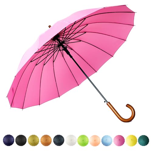 SoulRain 16 Ribs 48 Stick Umbrella Auto Open Solid Color Fashionable and SimpleArc Classic Wood HandleWindproof Unbreakable Stick Rain Umbrella Cool Pink - Image 1