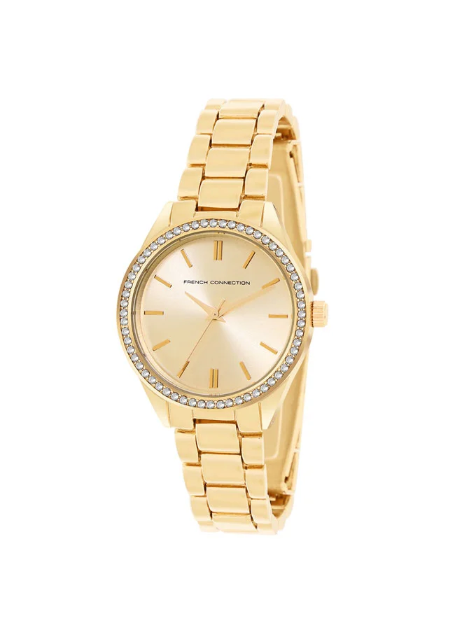 فرنش كونكشن ساعة نسائية كوارتز بقرص ذهبي