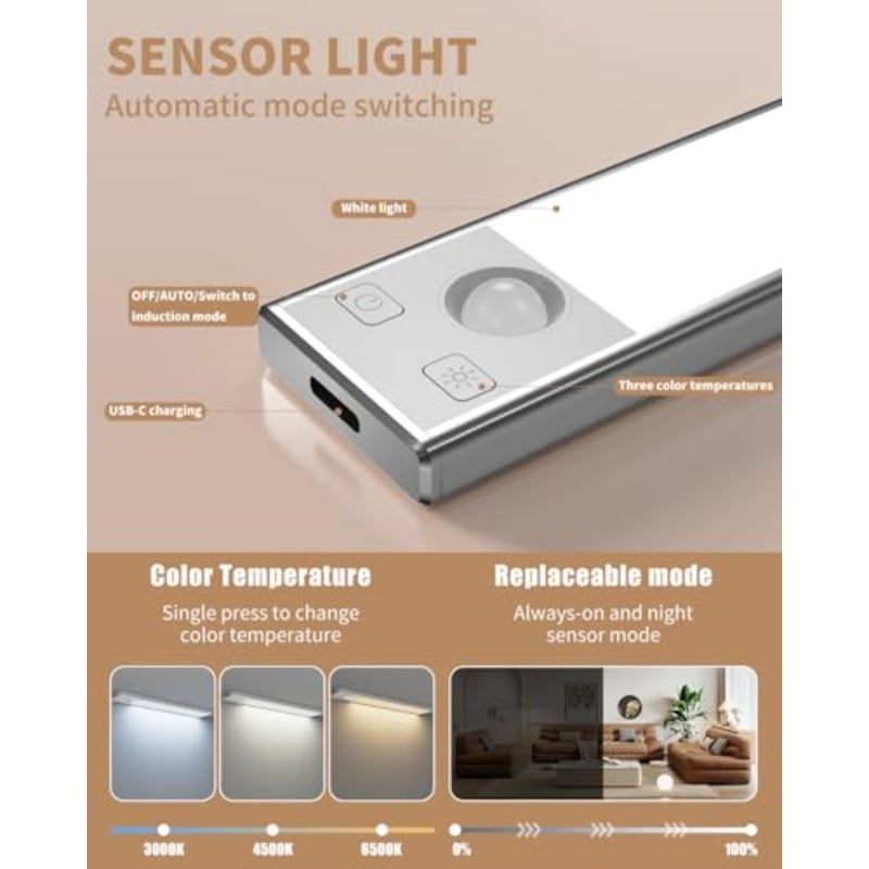 Under Cabinet Lighting 12 inch Rechargeable Battery Operated Motion Sensor Light Wireless Under Counter Lights for Kitchen, Stairs, Hallway 3 Pack - Image 4