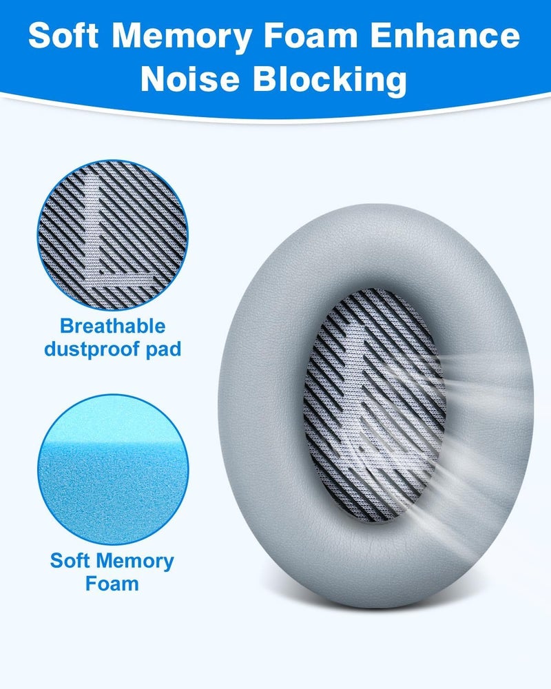 Sounce Replacement Earpads Cushions for Bose QuietComfort 35 (QC35) Quiet Comfort 35 II, QuietComfort 15 QC35/ Ae2 Ae2i Ae2w SoundTrue & SoundLink Headphones, Ear Pads with Softer Leather (Grey) - Image 2