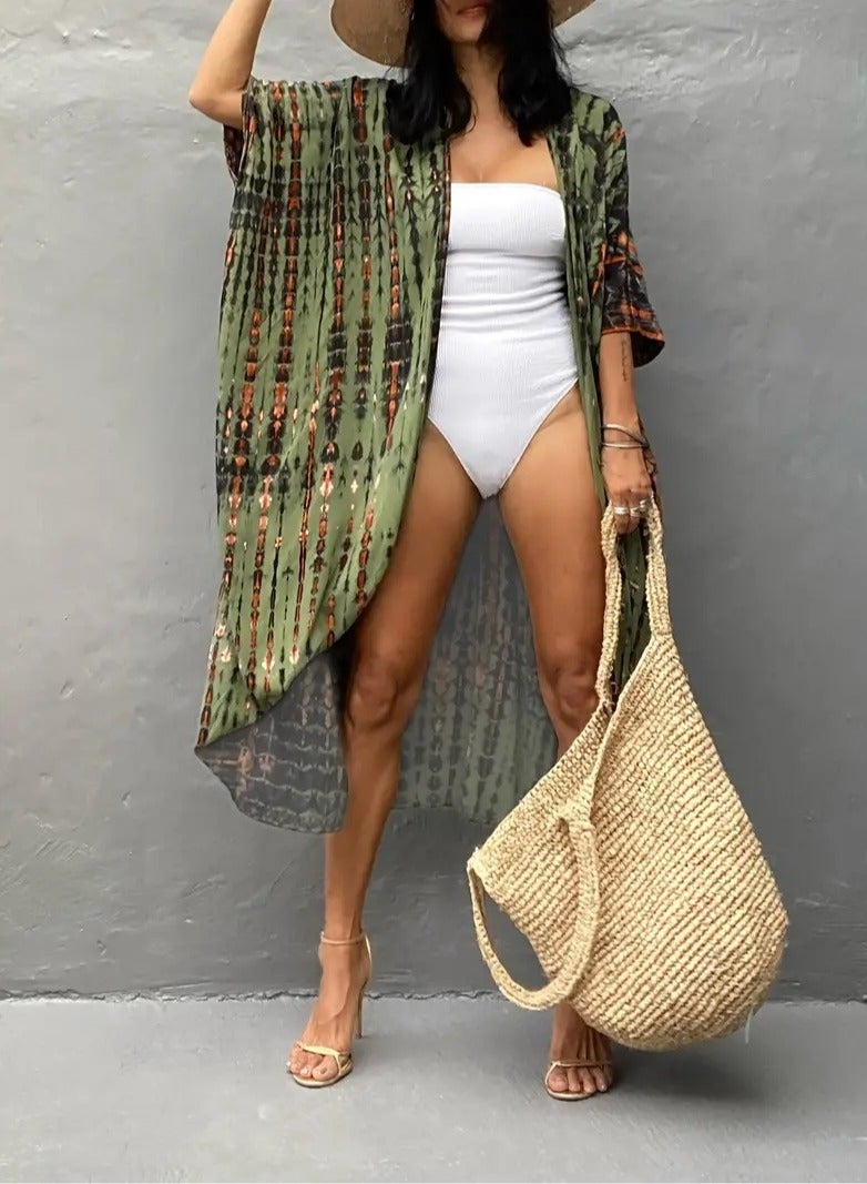 GRKC Stylish Tie Dye Open Front Long Kimono Swimsuit Cover Up for Women, Perfect Beach Resort Vacation Swimwear Shawl - Image 1