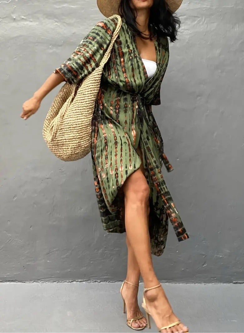 GRKC Stylish Tie Dye Open Front Long Kimono Swimsuit Cover Up for Women, Perfect Beach Resort Vacation Swimwear Shawl - Image 2