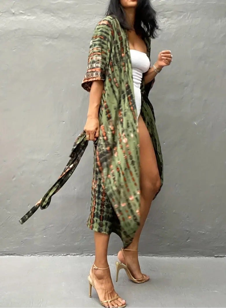 GRKC Stylish Tie Dye Open Front Long Kimono Swimsuit Cover Up for Women, Perfect Beach Resort Vacation Swimwear Shawl - Image 3