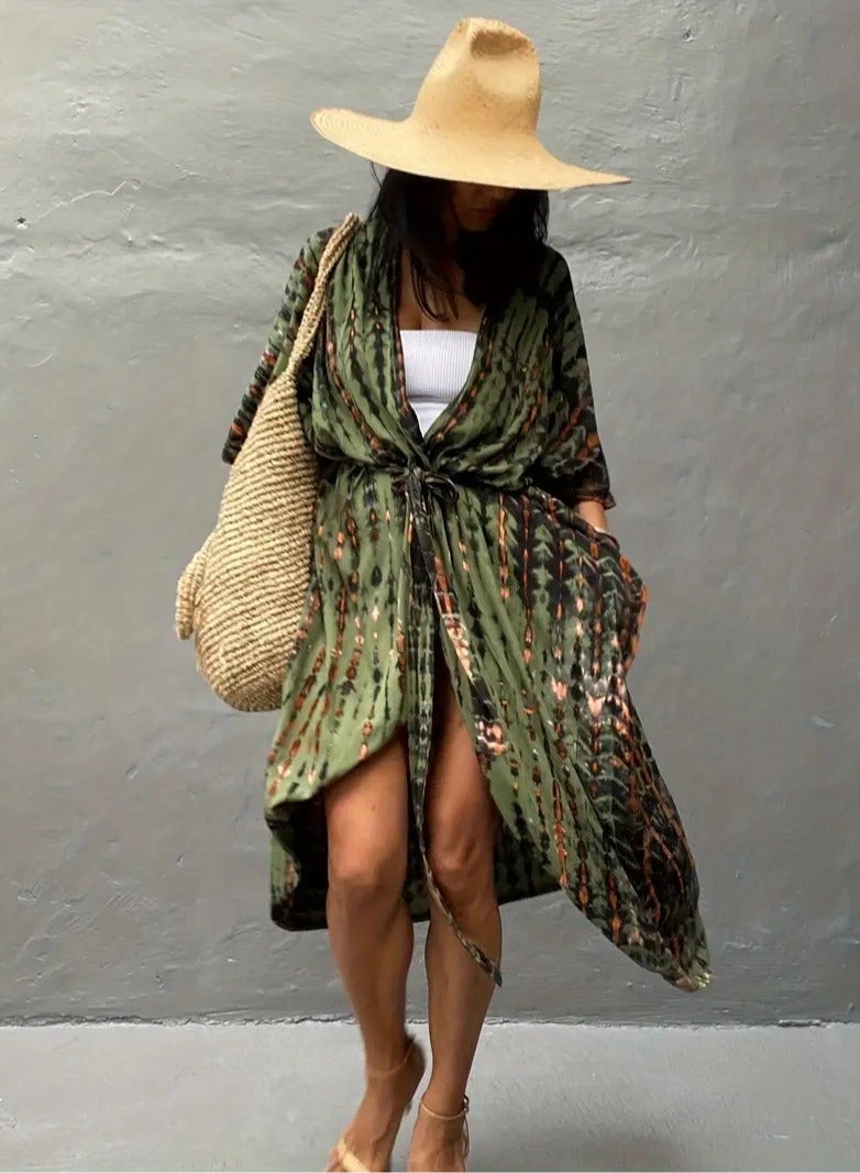 GRKC Stylish Tie Dye Open Front Long Kimono Swimsuit Cover Up for Women, Perfect Beach Resort Vacation Swimwear Shawl - Image 5