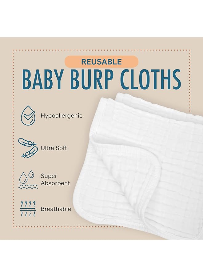 AllSett Health 10 Pack Muslin Burp Cloths Large 20" By 10" 100% Cotton Hand Wash Cloth 6 Layers Extra Absorbent And Soft White - Image 3