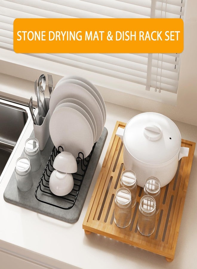 Golener Diatomite Bamboo Dish Drying Mat with Rack, Countertop Mount, 16" x 12", Dark Grey, For Dishware - Image 3
