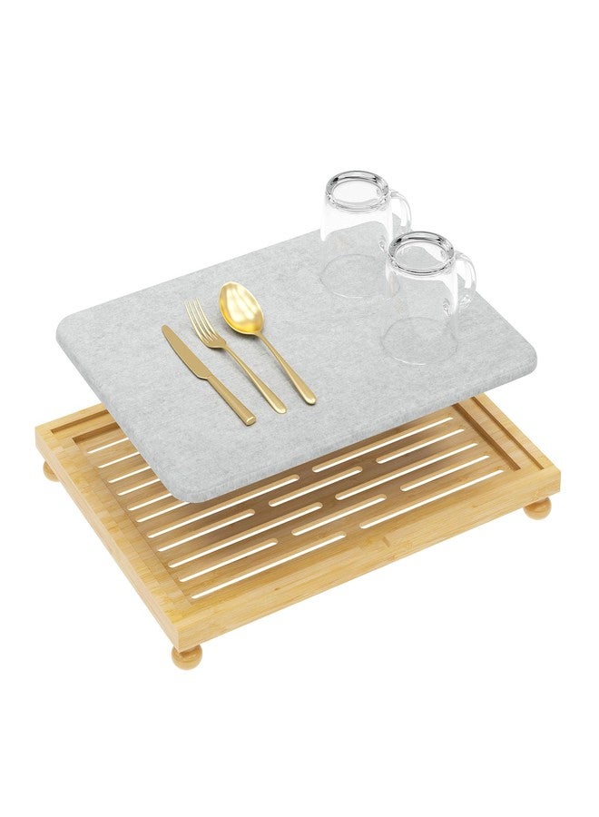 Golener Diatomite Bamboo Dish Drying Mat with Rack, Countertop Mount, 16" x 12", Dark Grey, For Dishware - Image 1