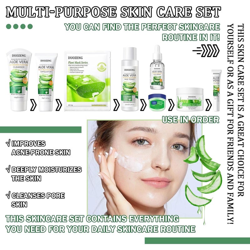 DuoZeng 10Pcs Skin Care KitSkincare Gift Set with Facial CleanserTonerSerumEye Cream Face CreamExfoliating GelSleeping Lip Mask 3 Pcs Aloe Vera Mask Kit for Women - Image 4